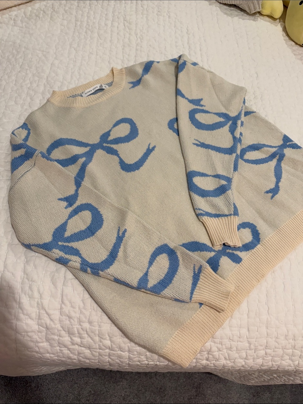 Altar'd State Cream Crewneck Sweater with Blue Bow Pattern